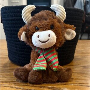 Brown Plush Highland Cow with Striped Scarf